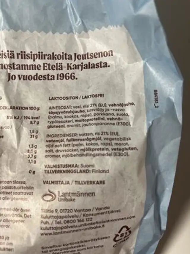 Riisipiirakka ingredients label