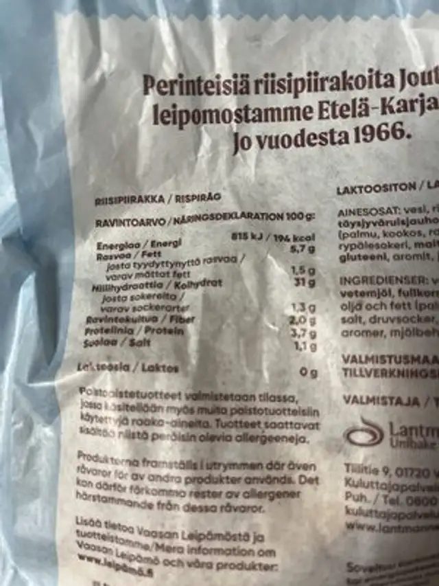 Riisipiirakka nutrition facts table