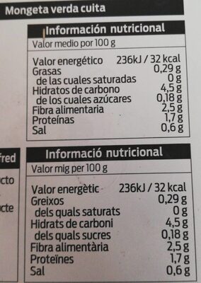 JUDÍA VERDE COCIDA nutrition facts table