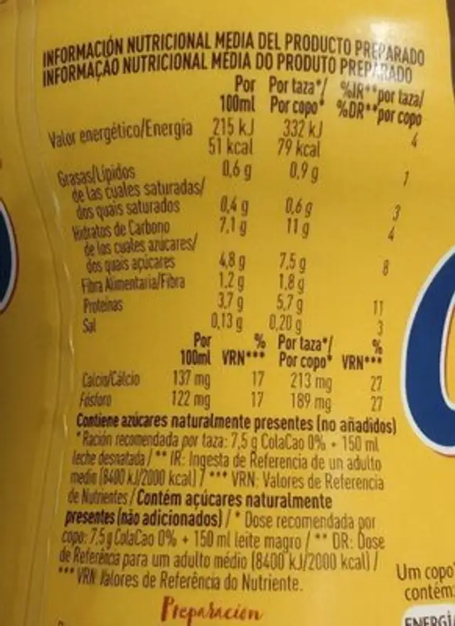 Cola Cao 0% azúcares nutrition facts table