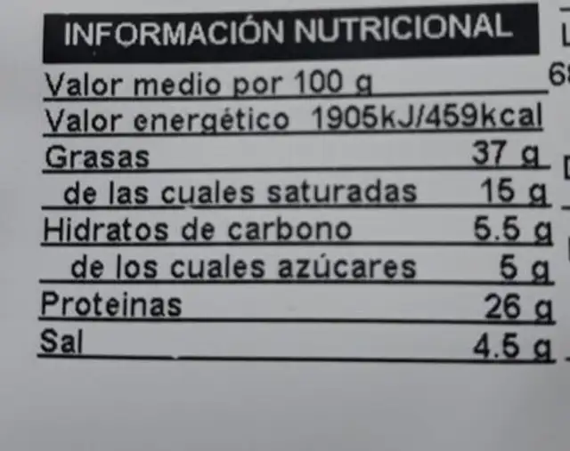 Fuet extra nutrition facts table