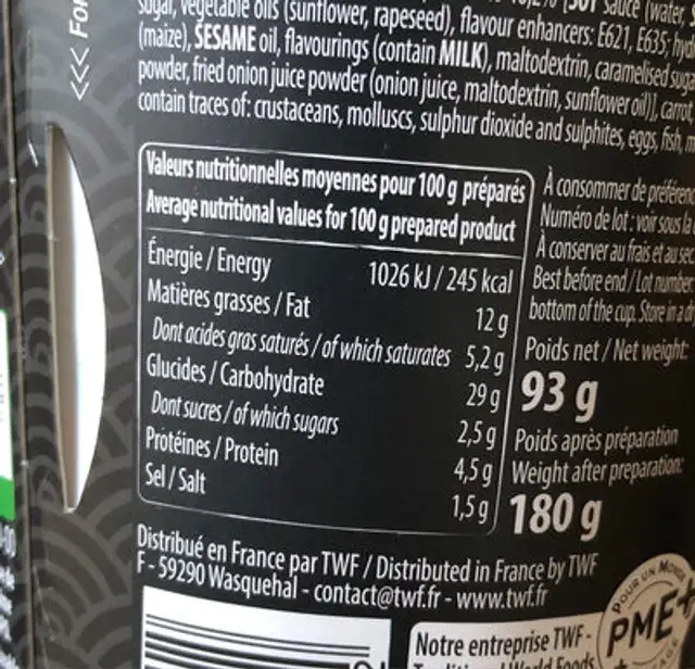 YAKISOBA BBQ CORÉEN nutrition facts table