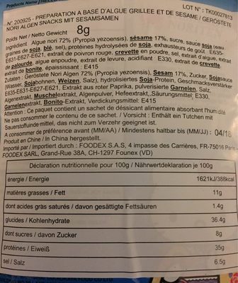 Norichips Goma nutrition facts table