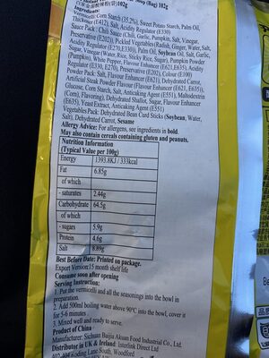 Instant Vermicelli Sour Soup nutrition facts table