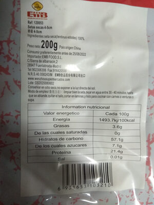 Setas shitake ingredients label