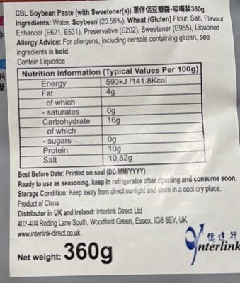CBL Soy Bean Paste nutrition facts table
