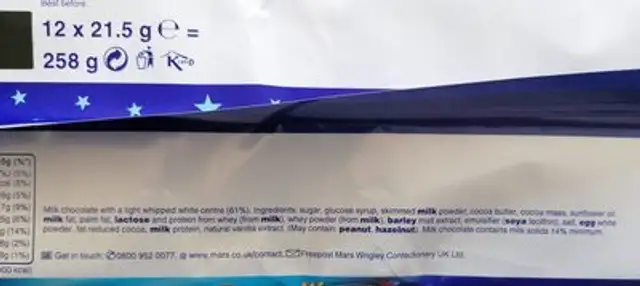 Milky Way ingredients label