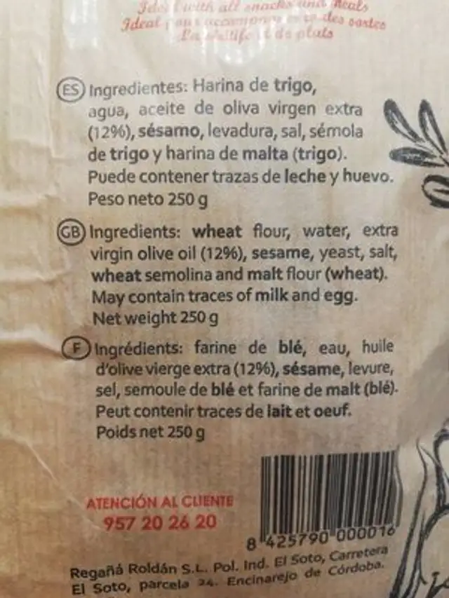 Regaña ingredients label