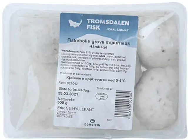 Domstein Grove Fiskeboller med Purre 500g front packaging