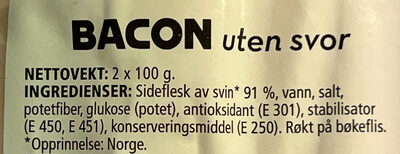 Coop Bacon uten Svor 2X100g ingredients label