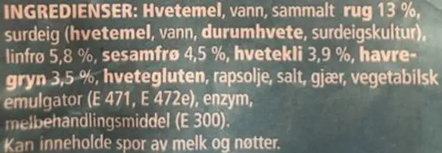 Coop Tindebrød 750g ingredients label
