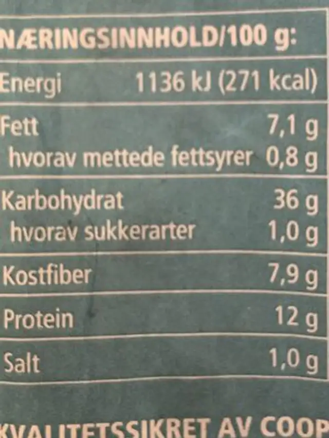 Coop Tindebrød 750g nutrition facts table
