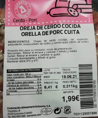 Oreja de cerdo cocida