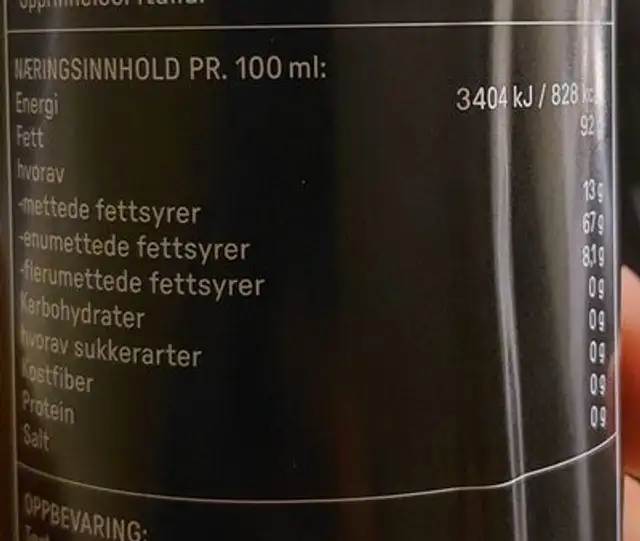 Olivenolje EXTRA VIRGIN nutrition facts table