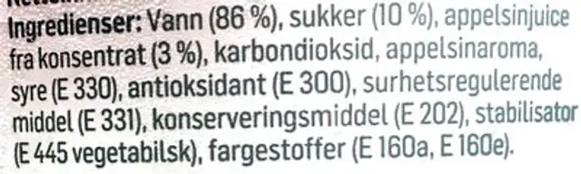 Prima Appelsinbrus 1,5 l ingredients label