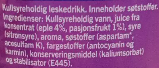 Pasjonsfrukt ingredients label