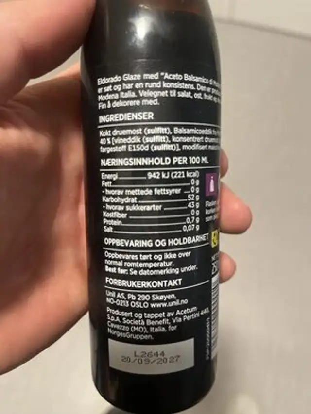 Balsamico Glace 250ml Eldorado nutrition facts table