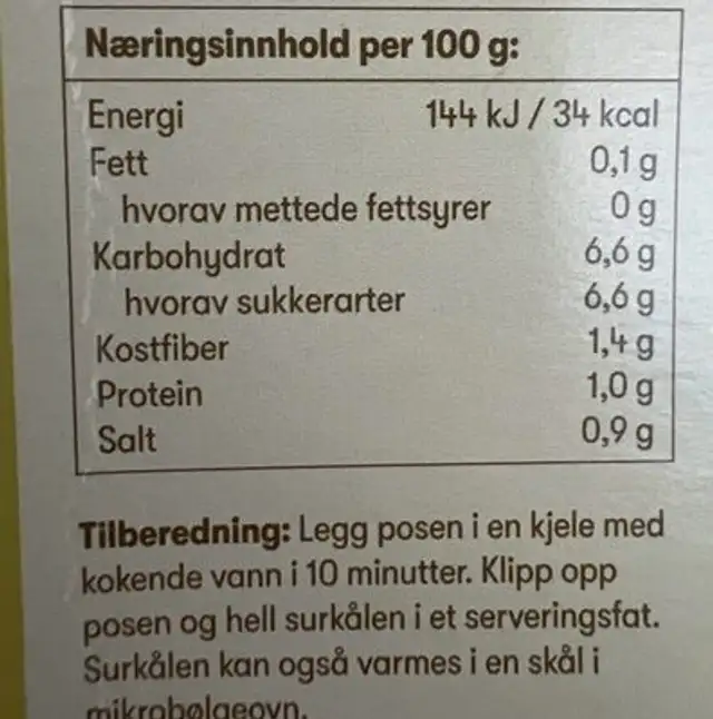 Surkål 450g First Price nutrition facts table