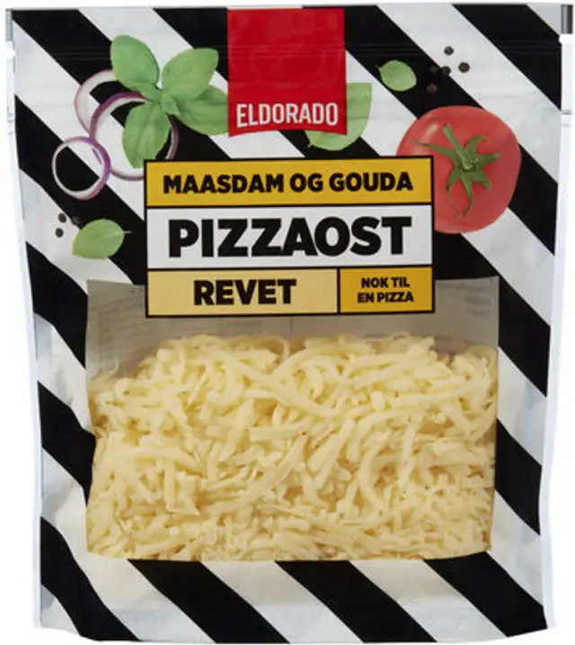 Pizzaost Maaasdam og Gouda Revet 150g front packaging