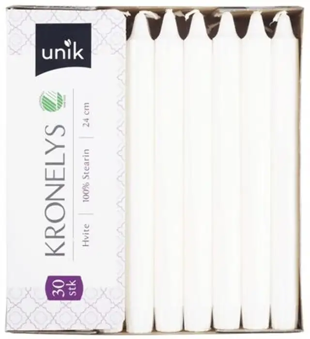 Kronelys Hvit 100% Stearin 24cm 30stk Unik front packaging
