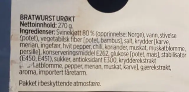 bratwurst urøkt ingredients label