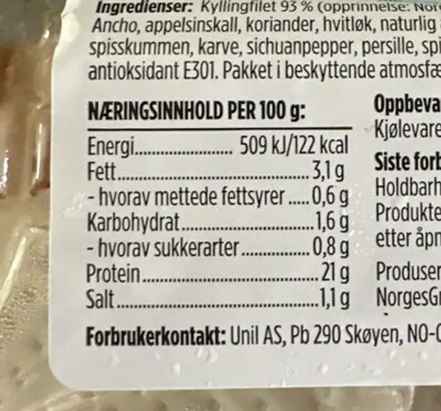 Kylling Grillspyd Chili & Lime nutrition facts table
