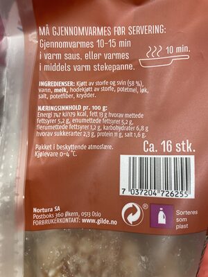 KJØTTKAKER nutrition facts table