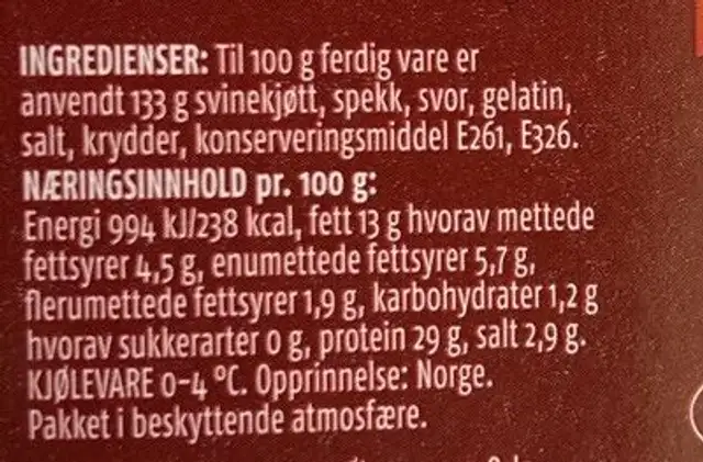 Lefsesylte nutrition facts table