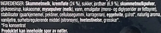 Royal jordbæris med marengsperler ingredients label