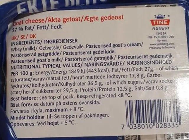Ekte Getoist nutrition facts table