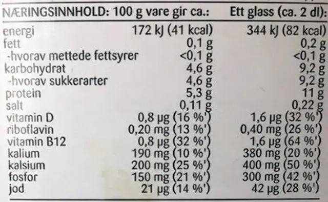 Fettfri Melk nutrition facts table