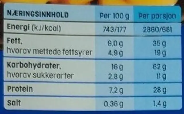 Toro Mac'n Cheese nutrition facts table