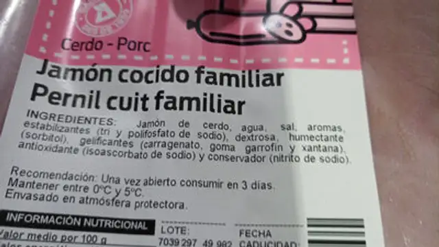 Jamón cocido familiar ingredients label