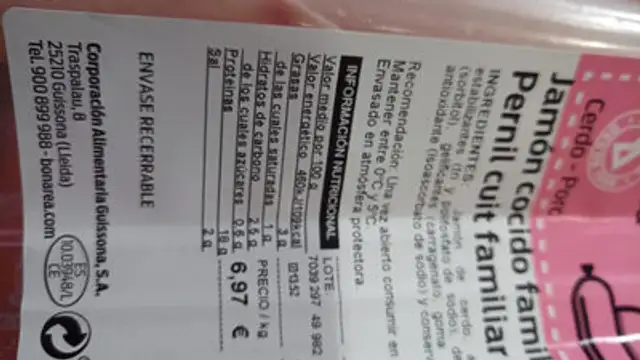 Jamón cocido familiar nutrition facts table
