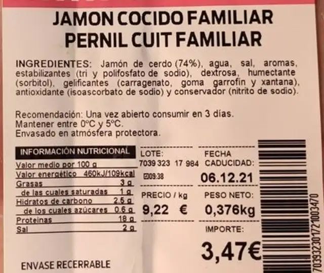Jamón cocido familiar nutrition facts table