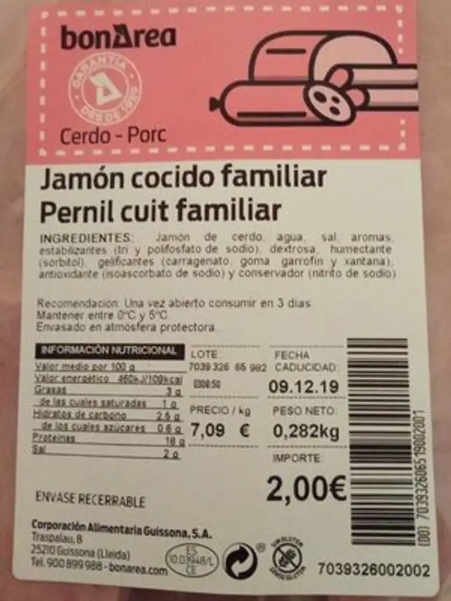 Jamon cocido familiar nutrition facts table