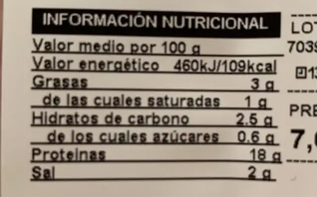 Jamon Cocido Familiar nutrition facts table