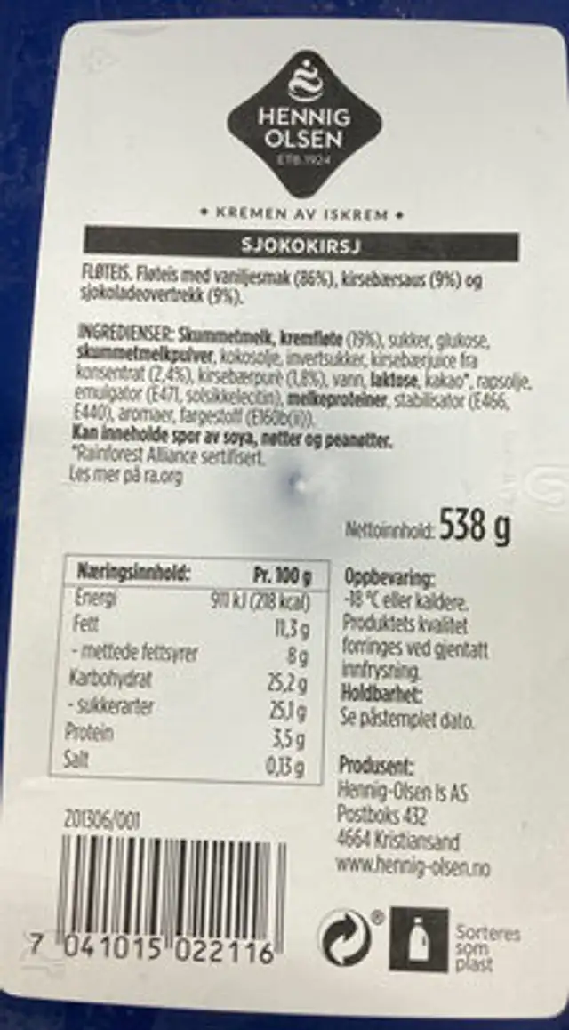 Sjokokris ingredients label