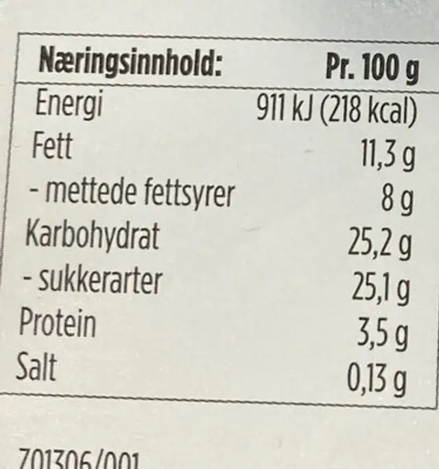 Sjokokris nutrition facts table