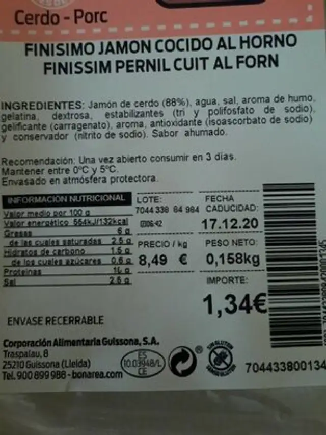 Finísimo jamón cocido al horno front packaging