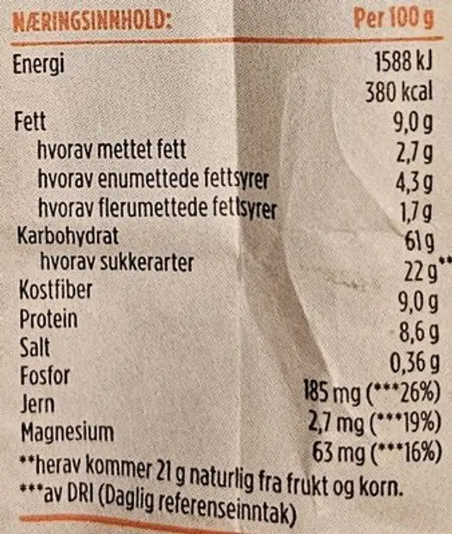 GOLD MÜSLI ENERGI nutrition facts table