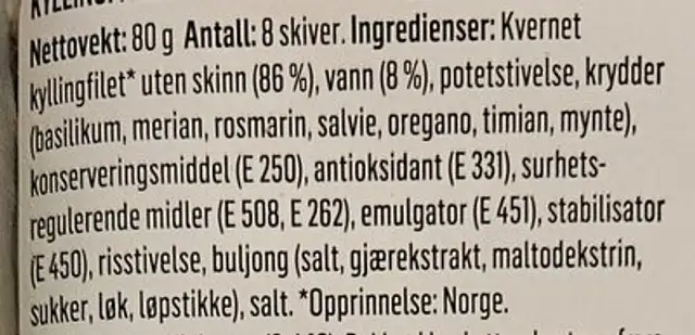 Kyllingfilet Rosmarin & Basilikum ingredients label