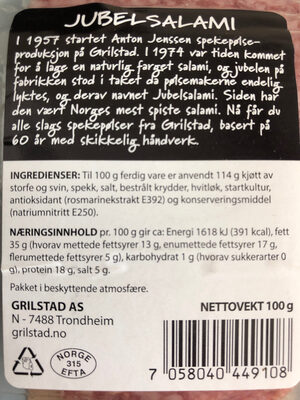 Jubelsalami 100g Grilstad ingredients label