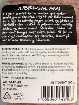 Jubelsalami 100g Grilstad nutrition facts table