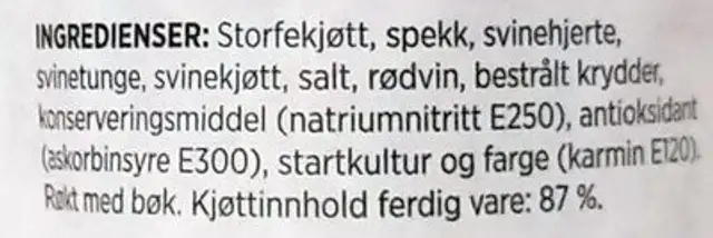 Spekepølse hel Rødvin 220g Grilstad ingredients label
