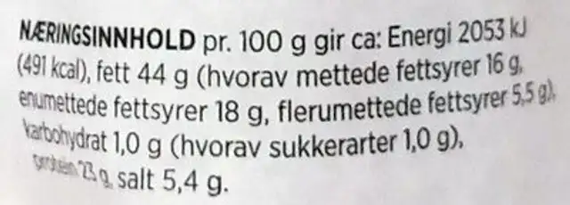Spekepølse hel Rødvin 220g Grilstad nutrition facts table