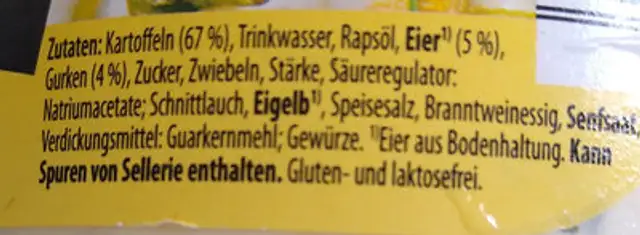 Kartoffelsalat ingredients label