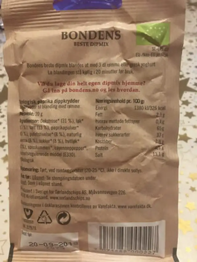 Bondens beste Dipmix Paprika ingredients label