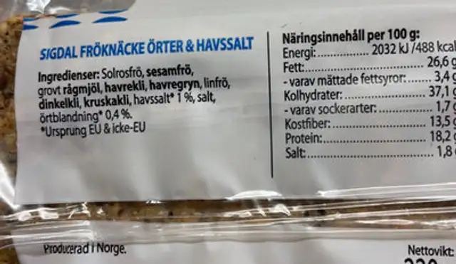 Fröknäcke ingredients label