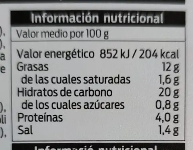 Ensalada de pasta nutrition facts table